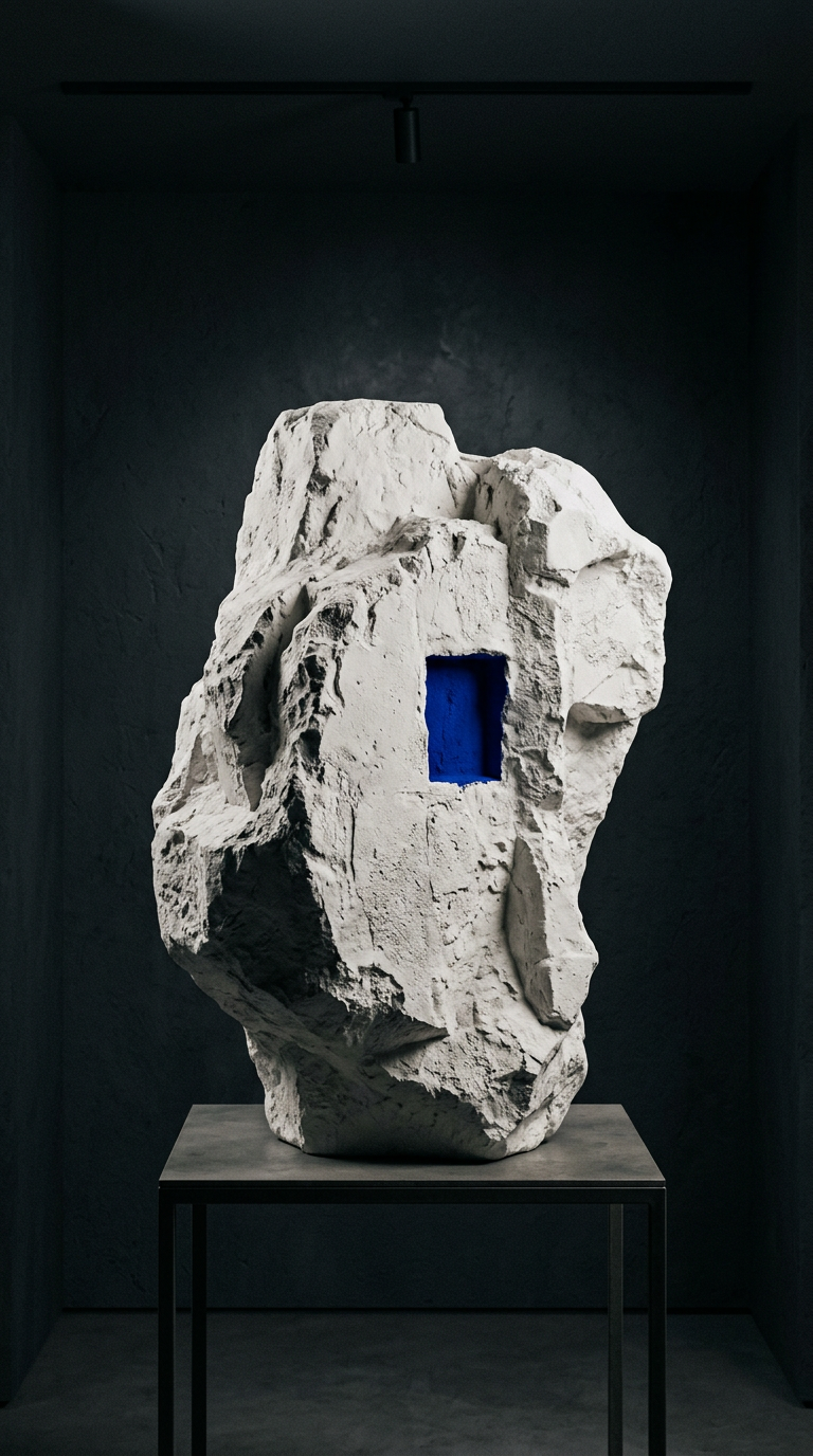 A sculptural white plaster form with a cobalt blue painted plane